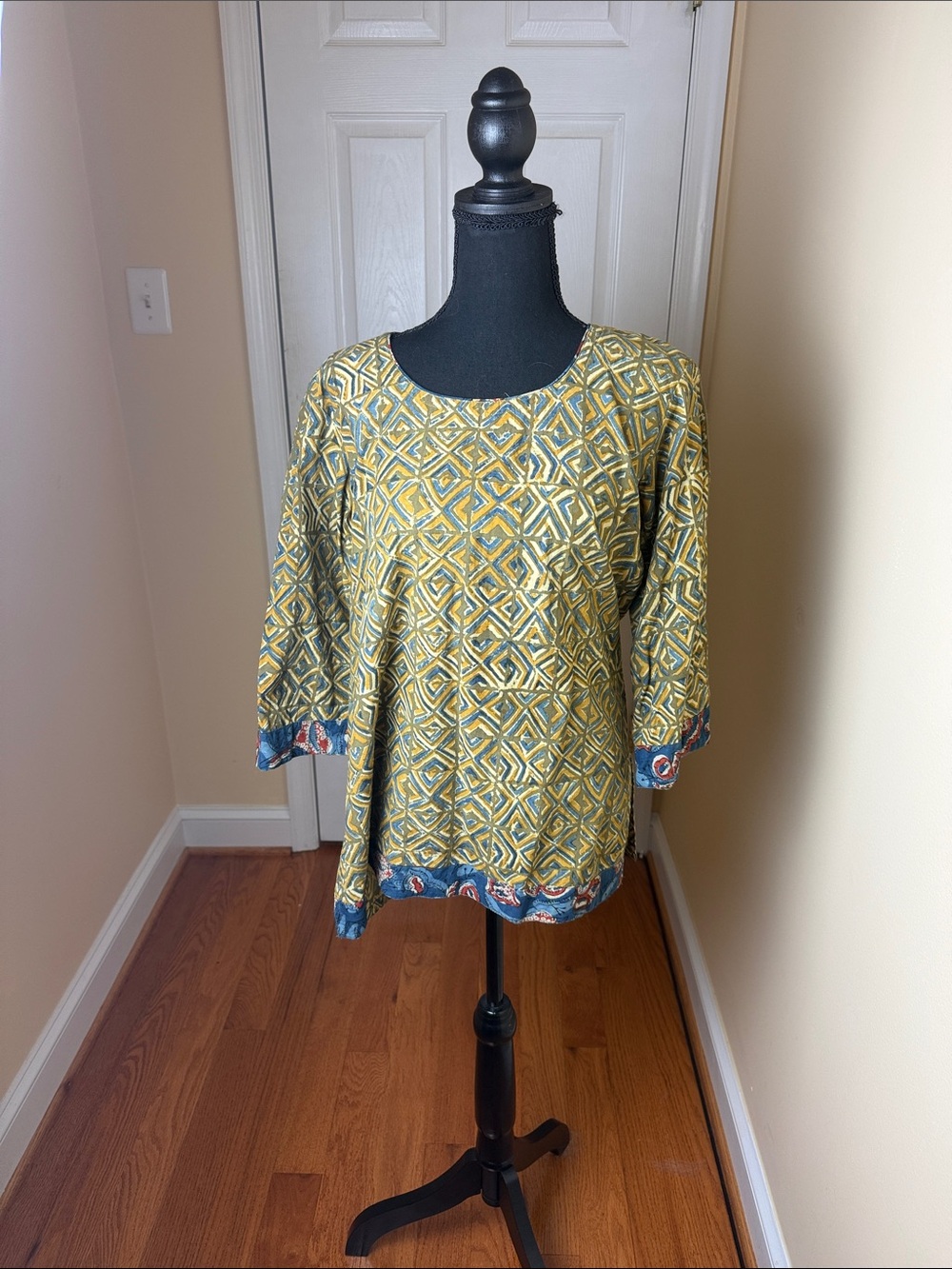 Bohemian Geometric Tunic Top in Mustard and Teal